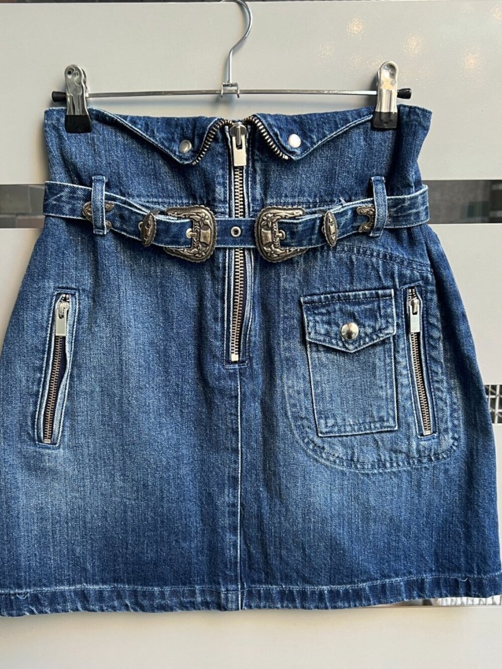 The Kooples Western Double Buckle Denim Mini Skirt Size S - Picture 2 of 7